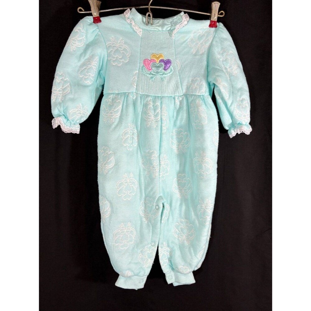 Vintage 90s Sprockets Mervyns Pastel Blue Heart Embroidered Fleece Jumpsuit 18M